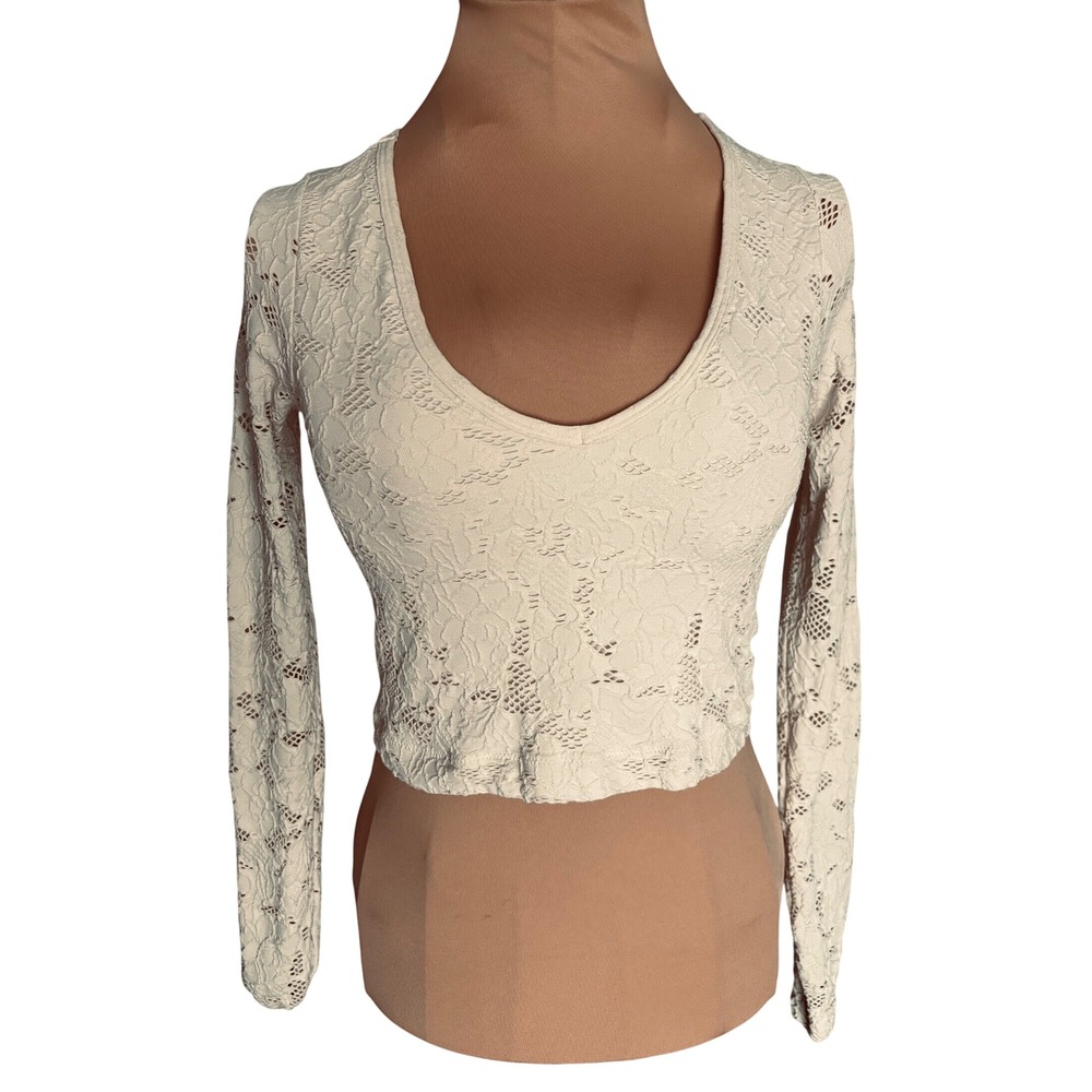 Arizona Jean Co Womens XS Cream Floral Lace Long Sleeve Crop Top Scoop Neck Boho